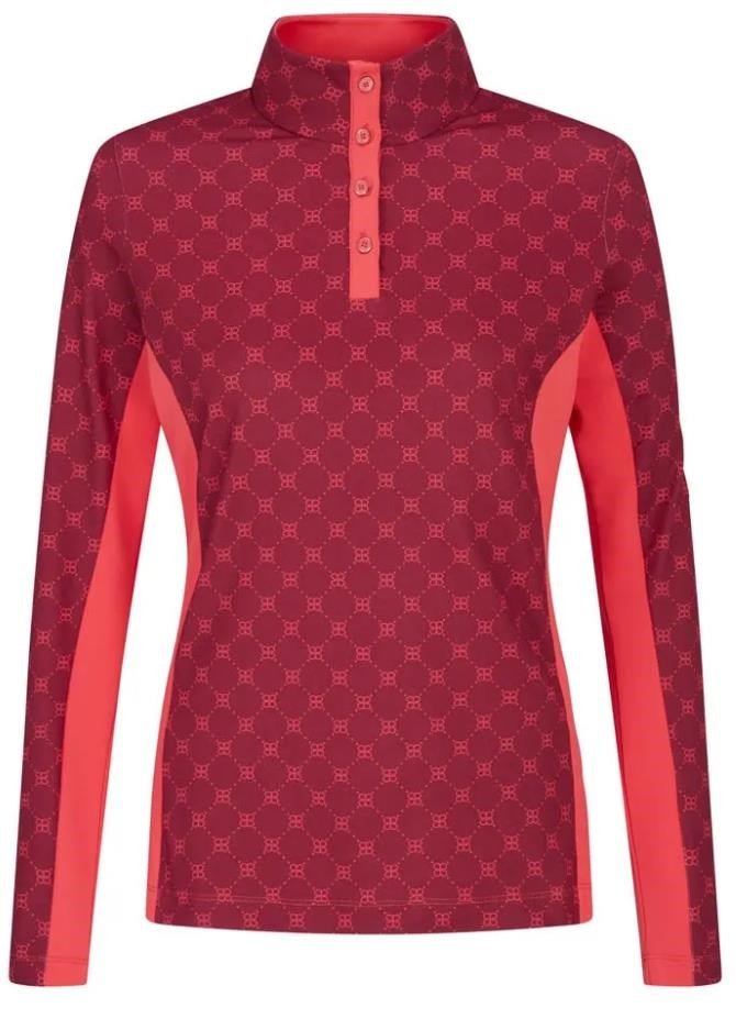 PING Lolette Printed long sleeve dames polo, tibetan red multi/cayenne