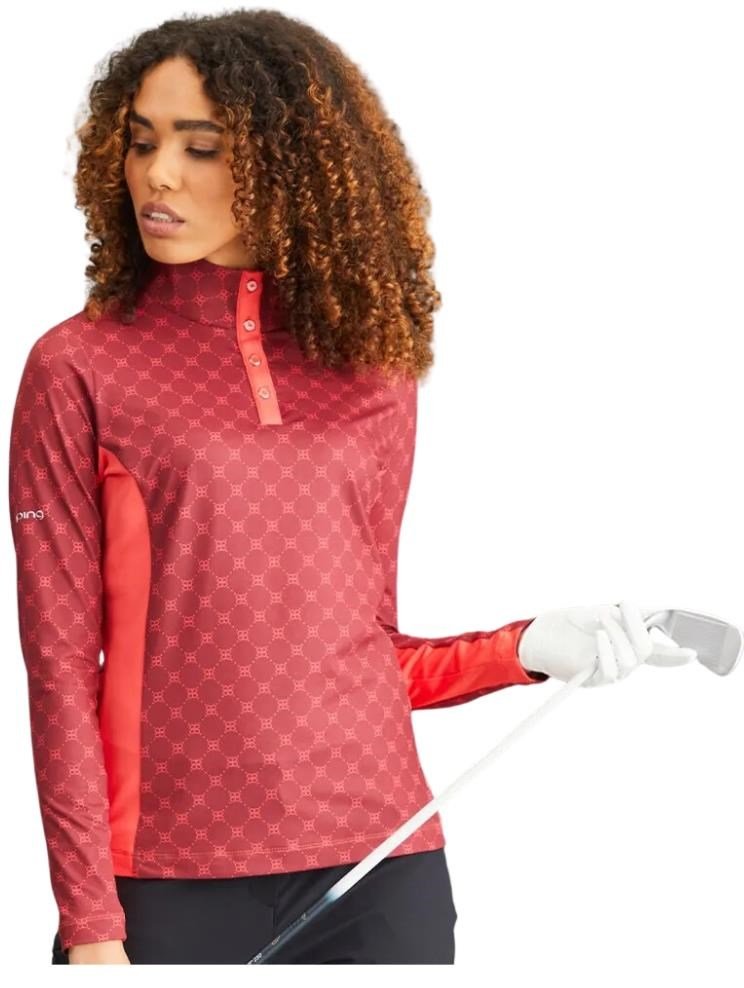 PING Lolette Printed long sleeve dames polo, tibetan red multi/cayenne