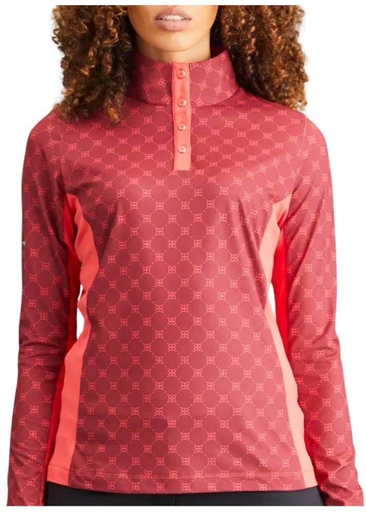PING Lolette Printed long sleeve dames polo, tibetan red multi/cayenne