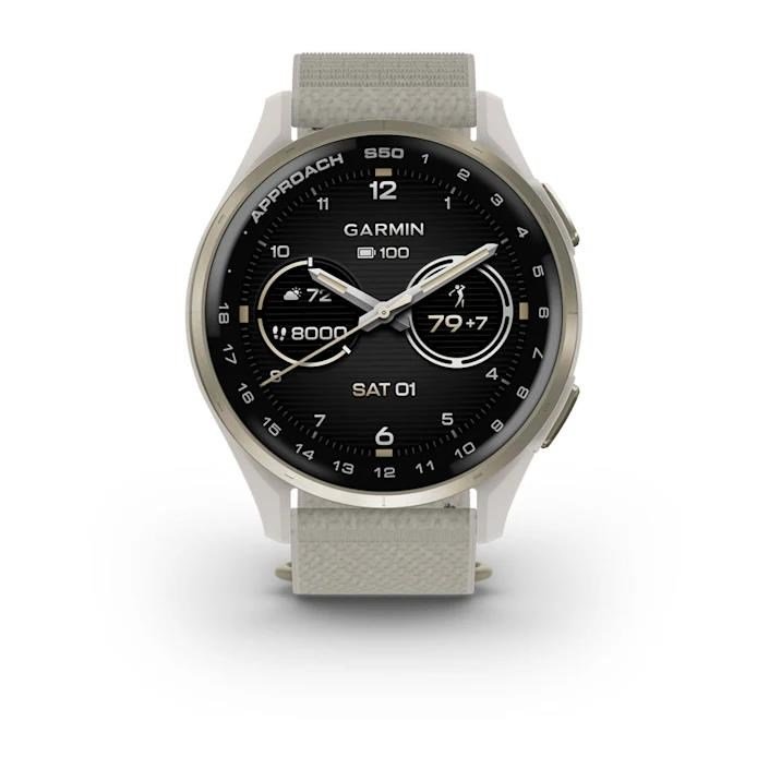 Garmin Approach S50 GPS-horloge, ivory nylon/crème goud aluminium
