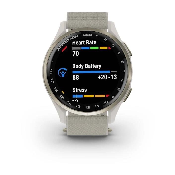 Garmin Approach S50 GPS-horloge, ivory nylon/crème goud aluminium