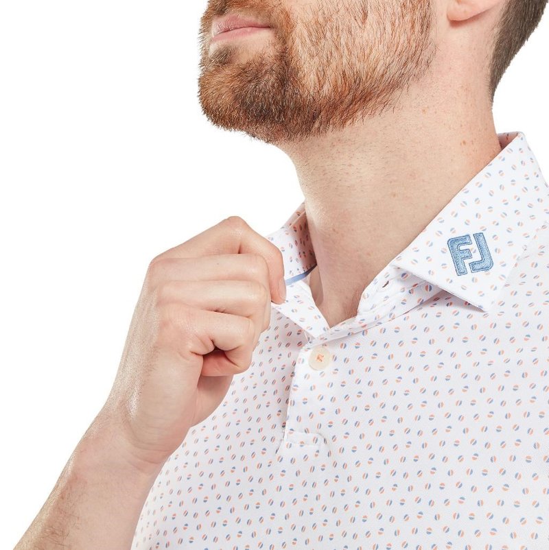 FootJoy Bounce Print Pique heren polo, wit/oranje/blue jay