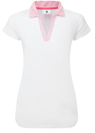 FootJoy Cap Sleeve Print Trim Lisle dames polo, wit/roze limonade