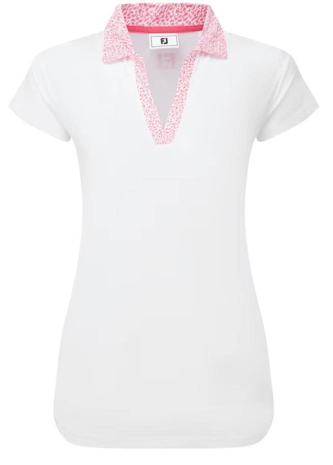 FootJoy Cap Sleeve Print Trim Lisle dames polo, wit/roze limonade