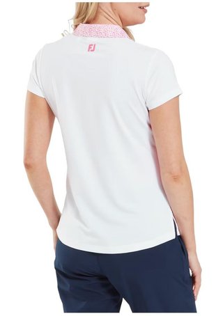 FootJoy Cap Sleeve Print Trim Lisle dames polo, wit/roze limonade
