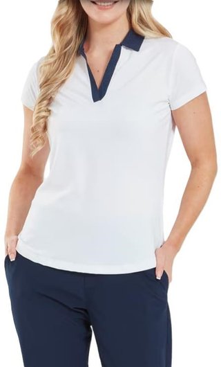 FootJoy Cap Sleeve Print Trim Lisle dames polo, wit/navy