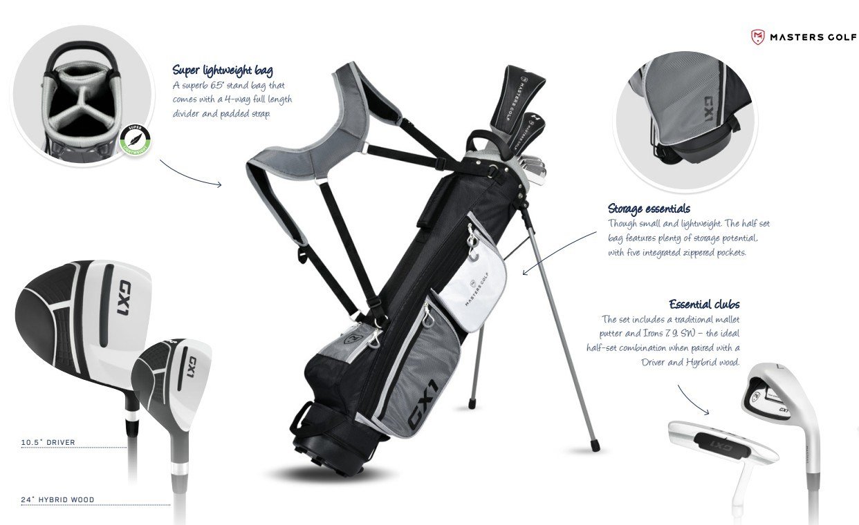 Masters GX1 Gts heren golf half set, grafiet + stand bag, zwart/grijs/wit