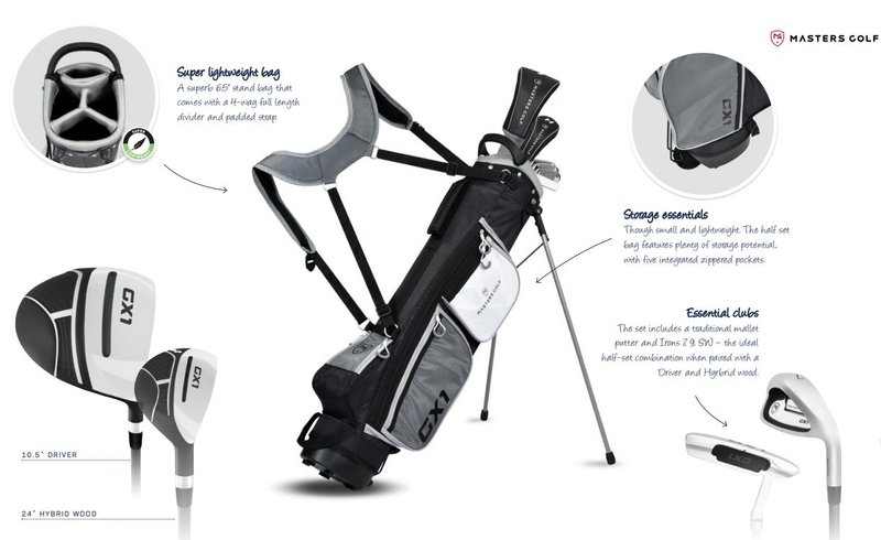 Masters GX1 Gts heren golf half set, grafiet + stand bag, zwart/grijs/wit