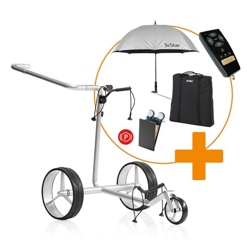 JuStar Carbon Light SET (incl. umbrella, scorecard holder, carry bag, el. parking brake) + REMOTE CONTROL elektrische trolley, titanium