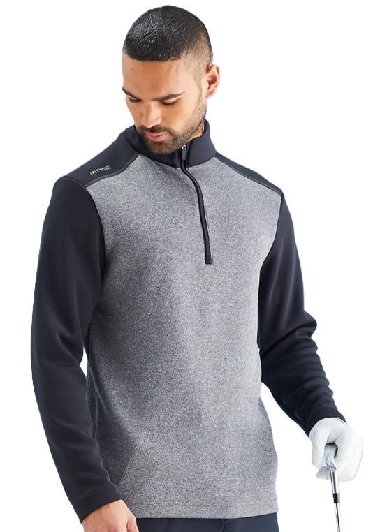 PING Ramsey half zip ribbed fleece heren pullover, zwart gemêleerd/zwart