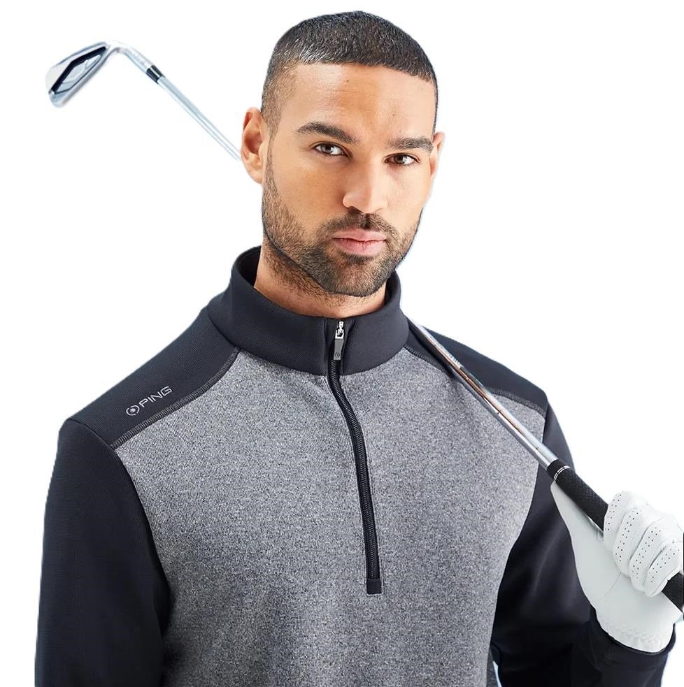 PING Ramsey half zip ribbed fleece heren pullover, zwart gemêleerd/zwart