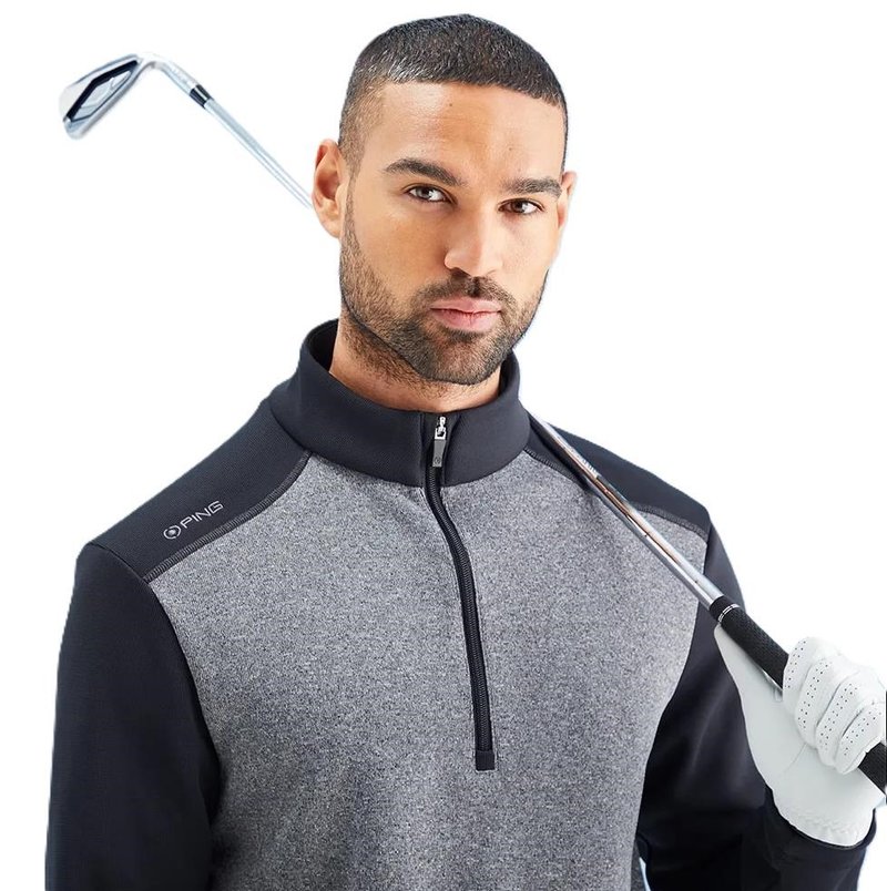 PING Ramsey half zip ribbed fleece heren pullover, zwart gemêleerd/zwart