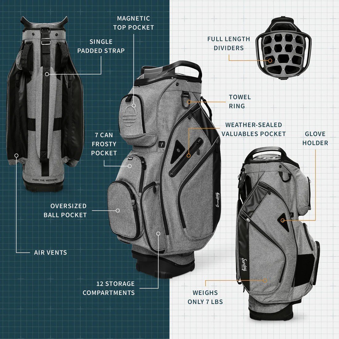 Sunday Golf Big Rig cart bag, heather gray