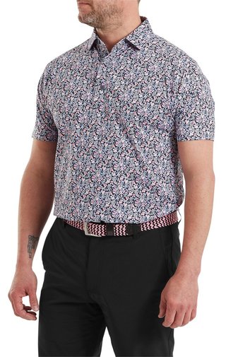 FootJoy Meadow Print Lisle heren polo, black/vivid violet/pink pop