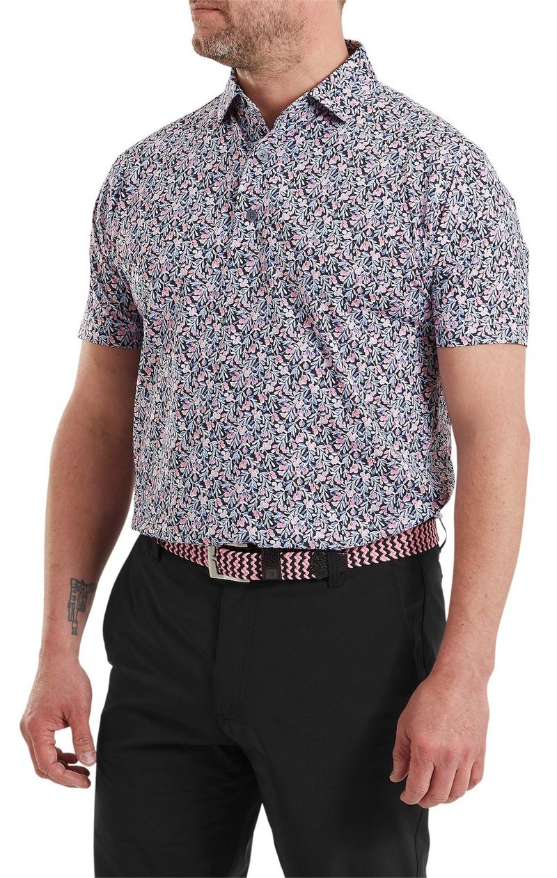 FootJoy Meadow Print Lisle heren polo, black/vivid violet/pink pop
