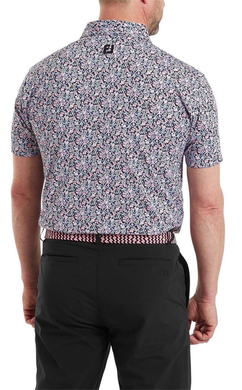 FootJoy Meadow Print Lisle heren polo, black/vivid violet/pink pop