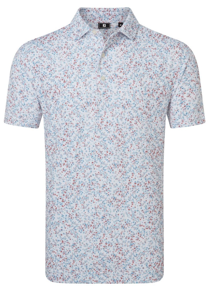 FootJoy Watercolour Floral Print Pique heren polo, white/chambray/nantucket red