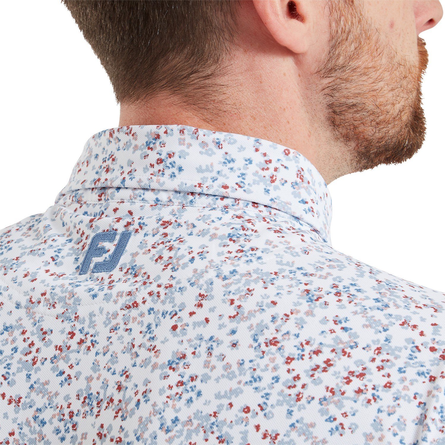 FootJoy Watercolour Floral Print Pique heren polo, white/chambray/nantucket red