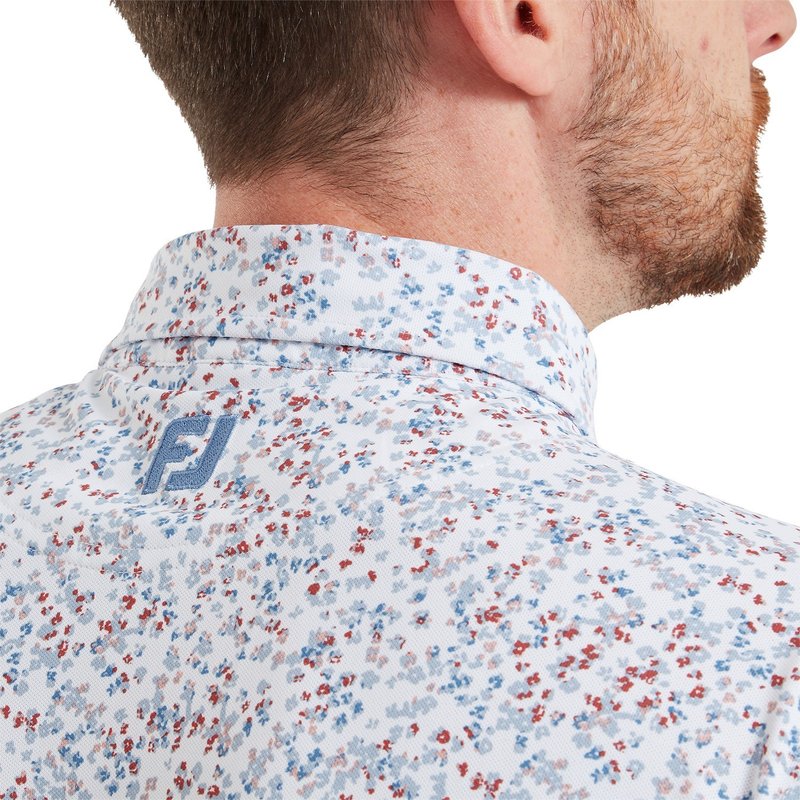 FootJoy Watercolour Floral Print Pique heren polo, white/chambray/nantucket red