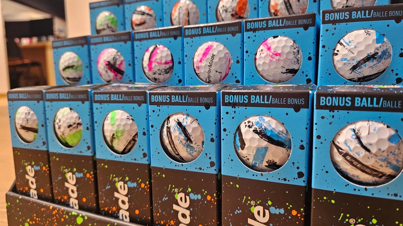 TaylorMade SpeedSoft Ink golfballen, mix kleuren (blauw, groen, oranje, roze)