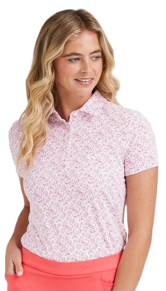 PING Aeria Printed dames polo, fuchsia foliage