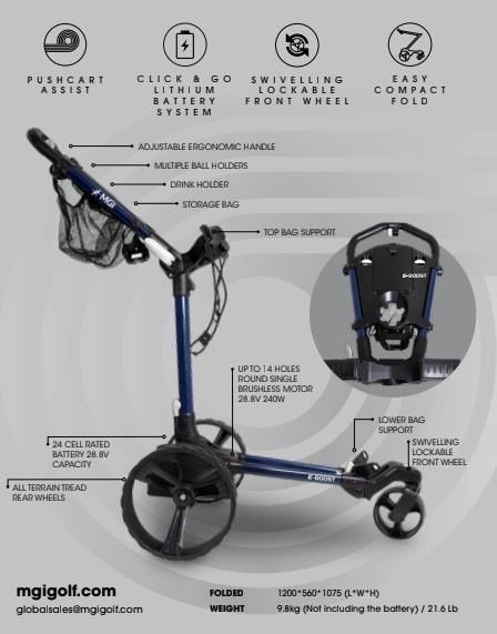 MGI E-Boost hybrid golf trolley 2026 elektrische trolley, mat navy