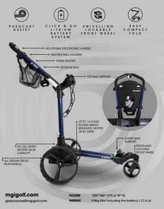 MGI E-Boost hybrid golf trolley 2026 elektrische trolley, mat navy