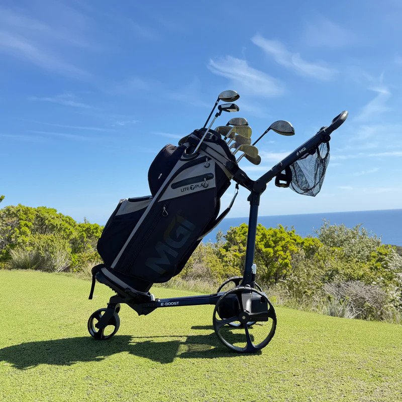 MGI E-Boost hybrid golf trolley 2026 elektrische trolley, mat navy