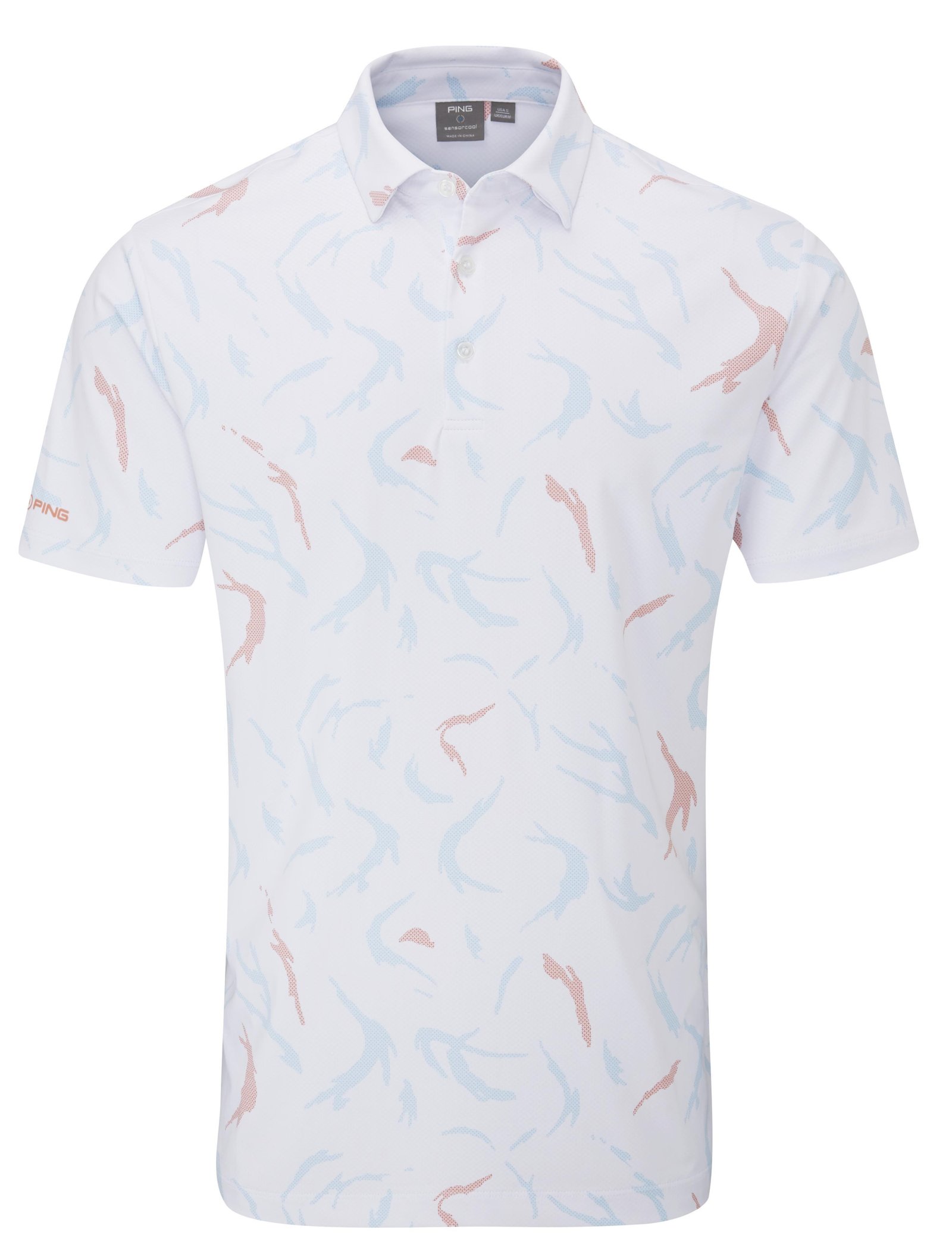PING Ephron Printed heren polo, wit/wild salmon multi