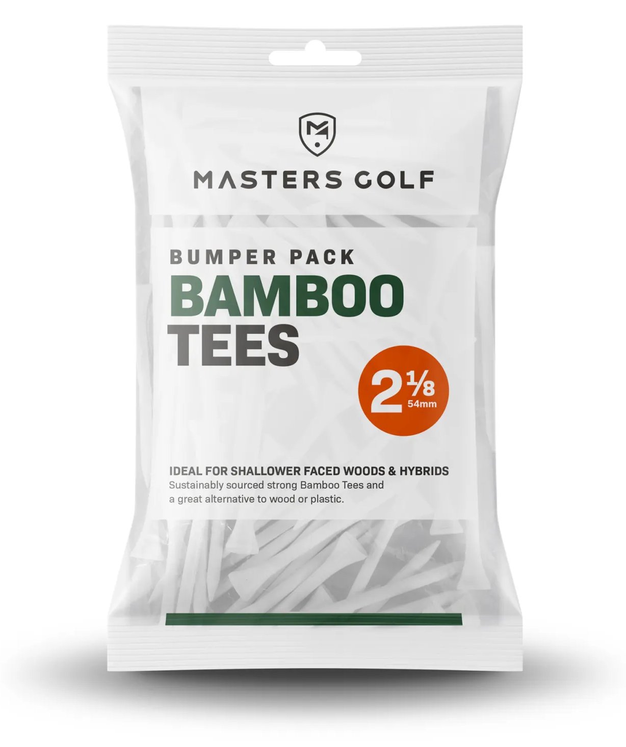 Masters Golf Bamboo Tees 54 mm (2 1/8"), Bumper Bag 130 tees, wit