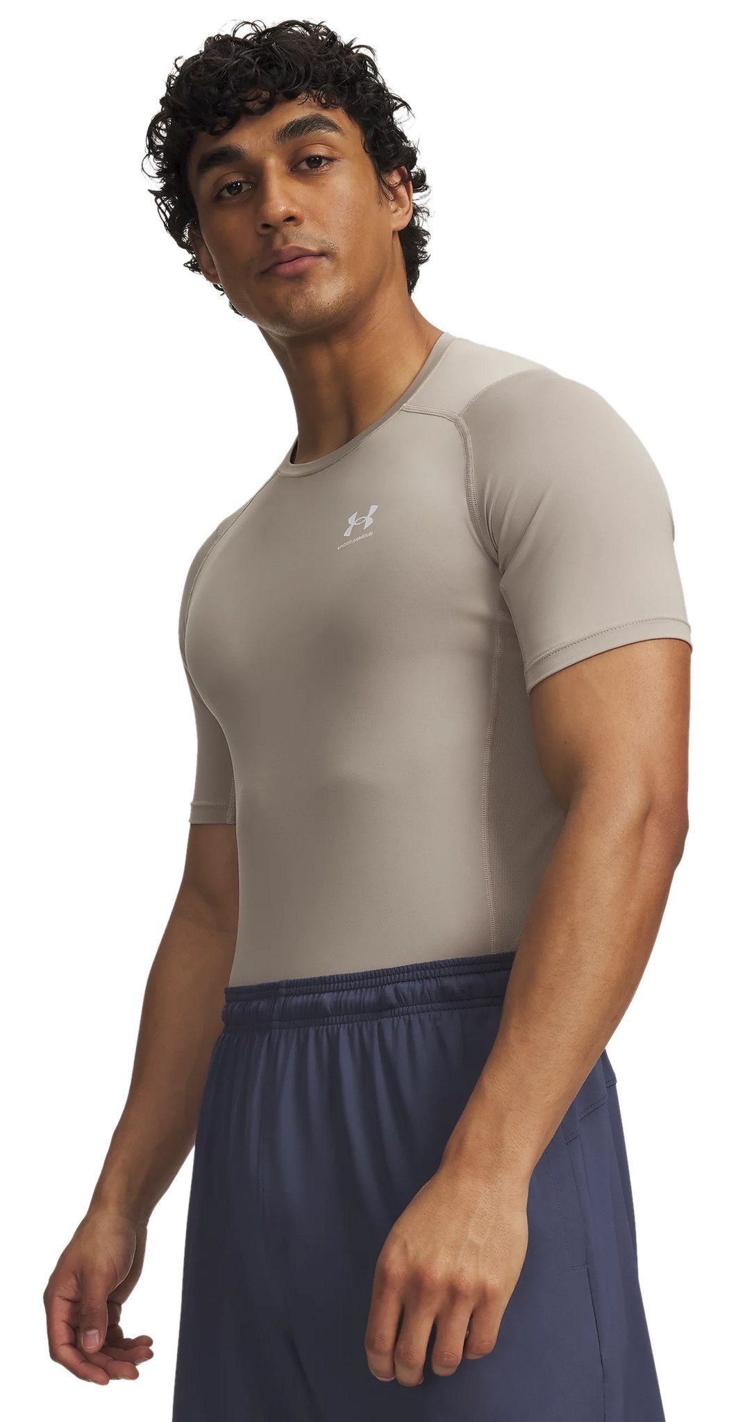 Under Armour HeatGear heren compressieshirt, timberwolf taupe/wit