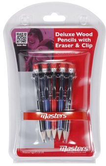 Masters Wood Pencils met clip & gum, 5 stuks, kleurenmix