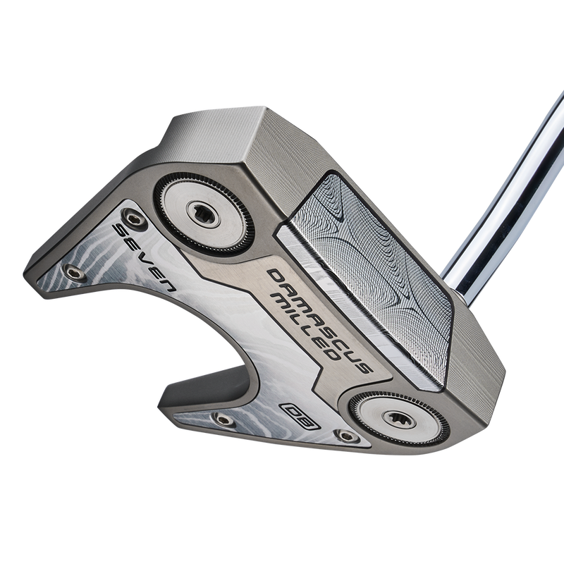 Blasted silver afwerking op Damascus Milled putter — zool- en insert-aanzicht