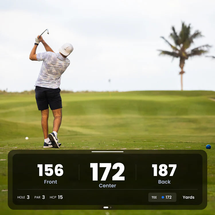 De Caddie GPS toont afstanden tot voorkant, midden en achterkant green