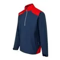 Detailweergave van Oxford Blue en Classic Red kleurblokken op de Ping AquaDrive-jas