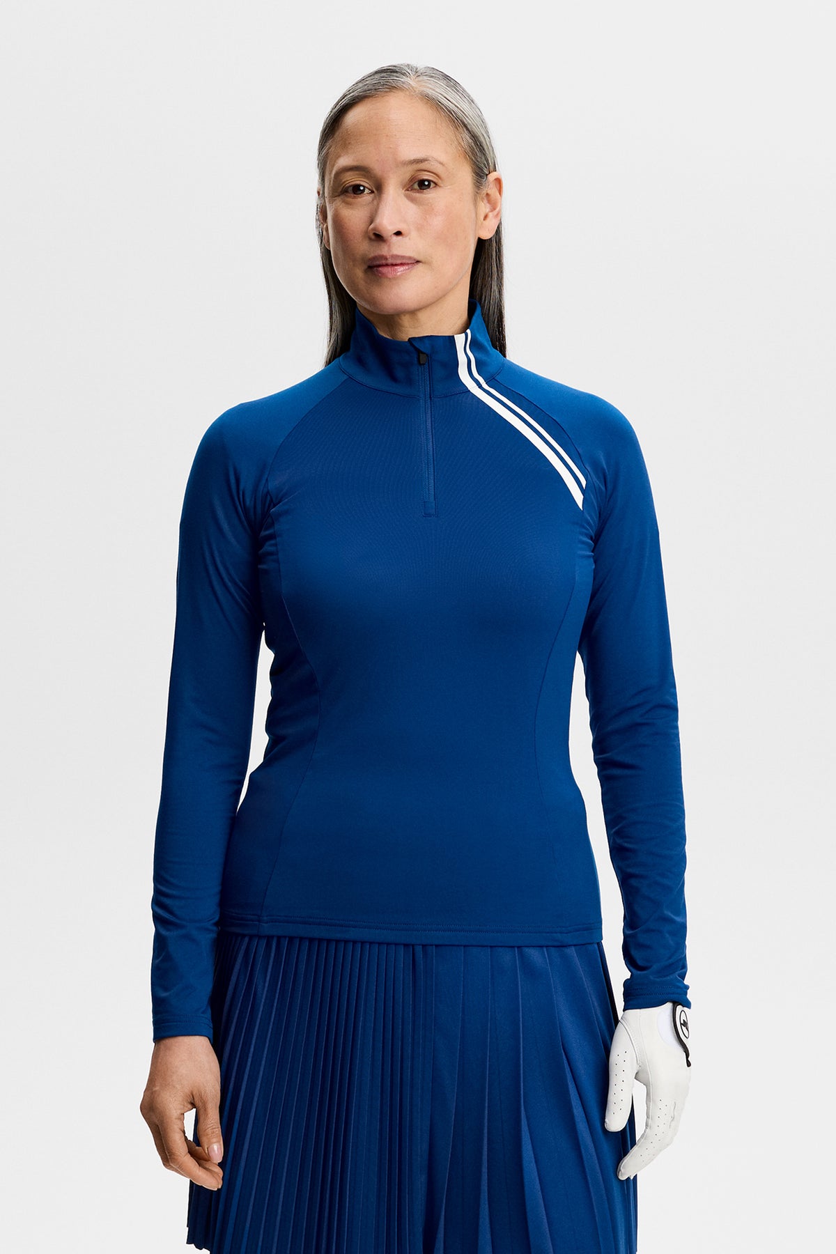 J.Lindeberg Nadu Quarter Zip Mid Layer Estate Blue – detail voorzijde