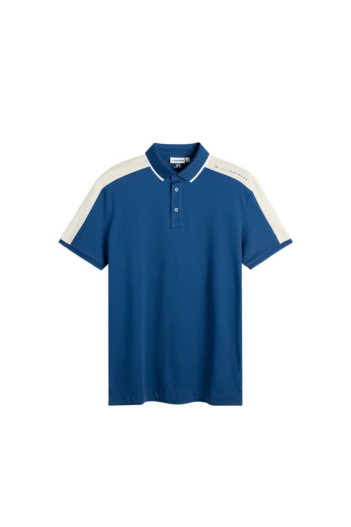 J.Lindeberg Jace Polo Estate Blue – vooraanzicht met ademende stof en contrasterende schouderpanelen