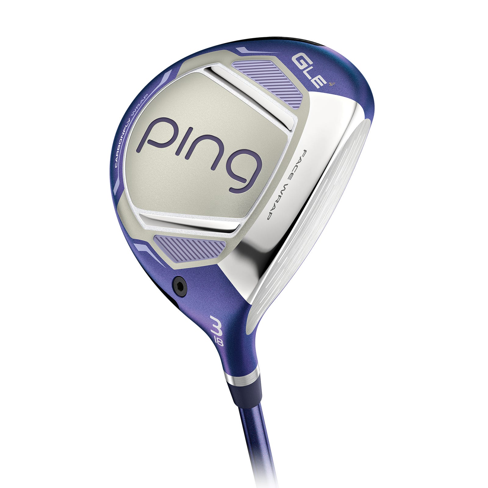 Zijaanzicht van de zool van de PING G Le4 3-wood met Carbonfly Wrap-crown en zoolontwerp