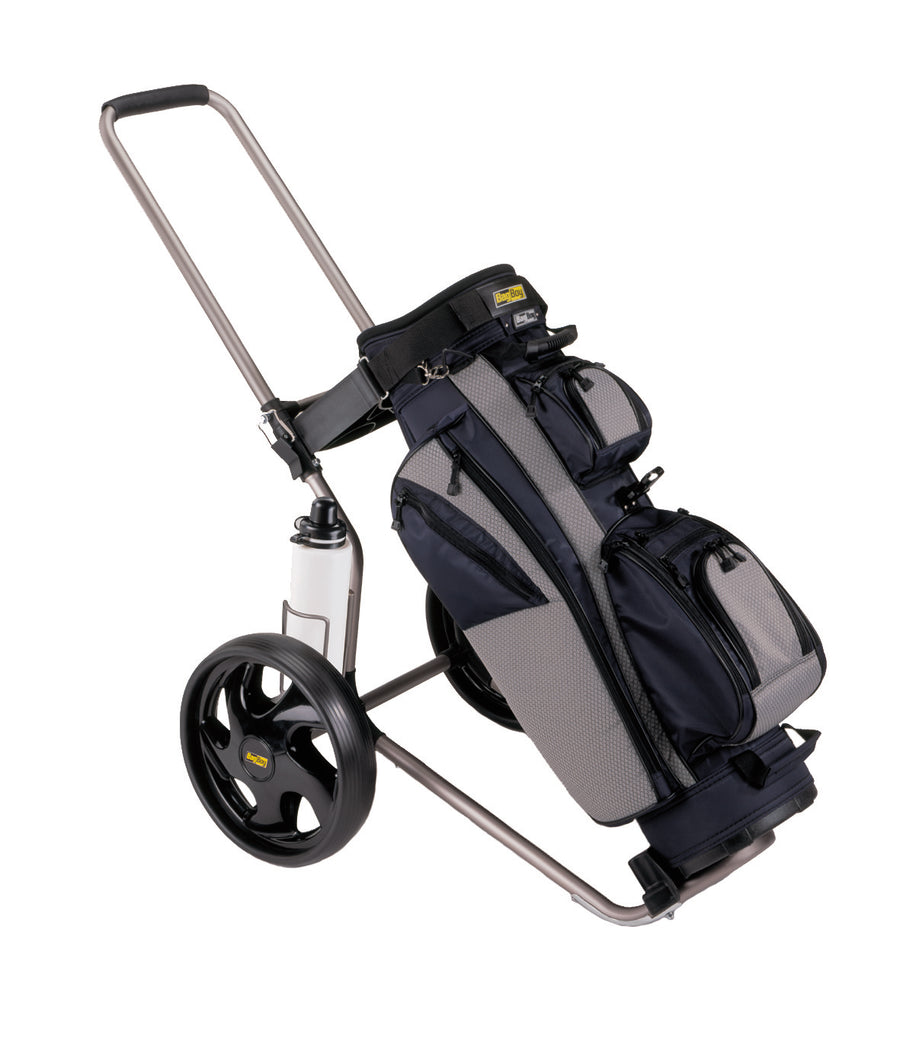 Bag Boy Rental Dual Tube met gemonteerde tas, toont inklapbaar frame