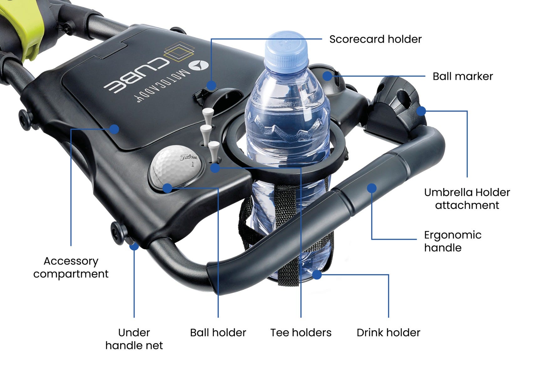 Motocaddy CUBE ergonomische handgreep en geïntegreerde opbergruimte detail