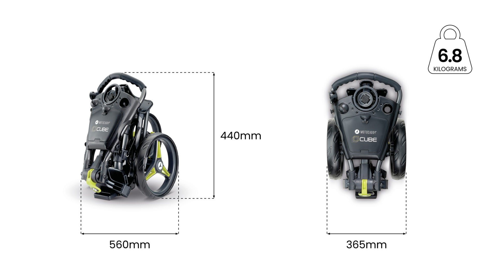 Motocaddy CUBE specificaties, wielen en afmetingen diagram