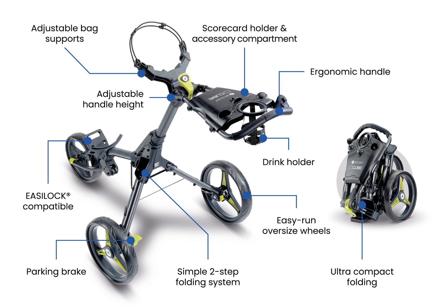 Motocaddy CUBE tweestaps vouwsysteem detail