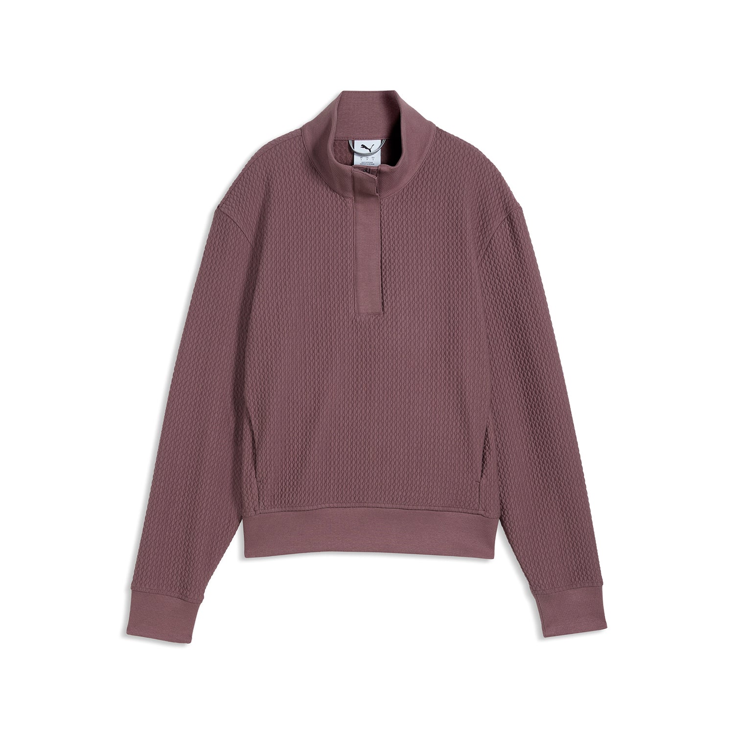 Puma Boulder Dames 1/4 Zip sweatshirt in Rich Cocoa – vooraanzicht met wafelstoftextuur en opstaande kraag