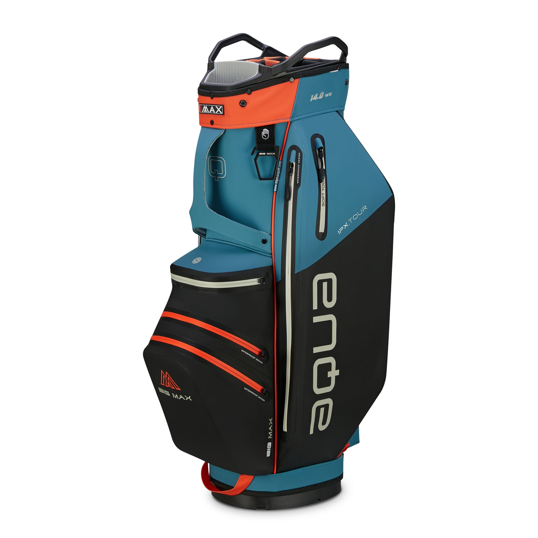 Big Max AQUA IPX.Tour cart bag black/blue front view showing waterproof zippers