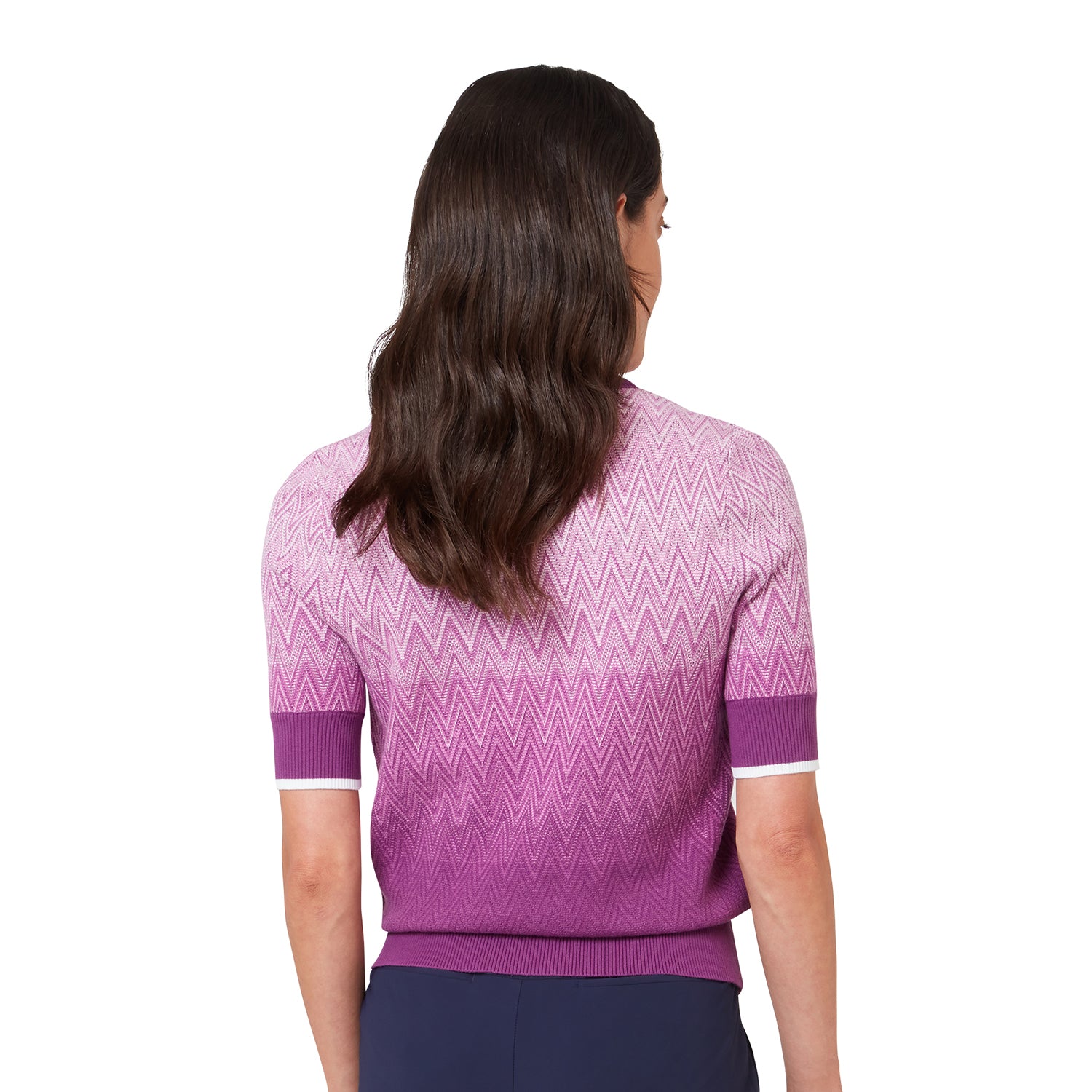 Callaway dames gebreide polo met gradiënt – detail van geribbelde kraag en knoopsluiting