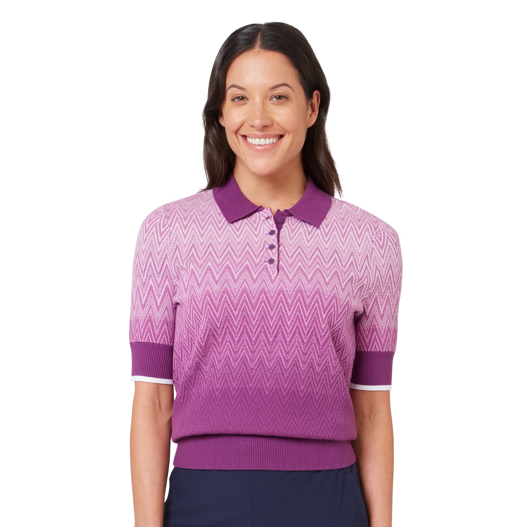 Callaway dames gebreide polo met gradiënt – vooraanzicht met chevron gradiëntpatroon