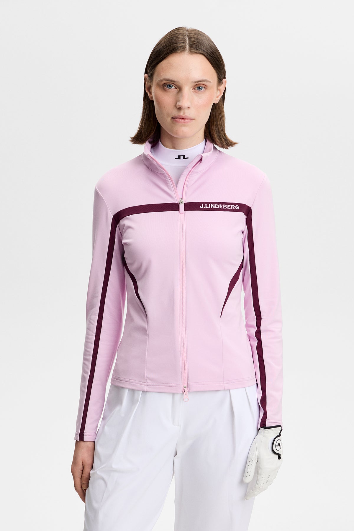 J.Lindeberg Janice Mid Layer Orchid Bouquet – vooraanzicht met Light Mid stof en tweewegritssluiting