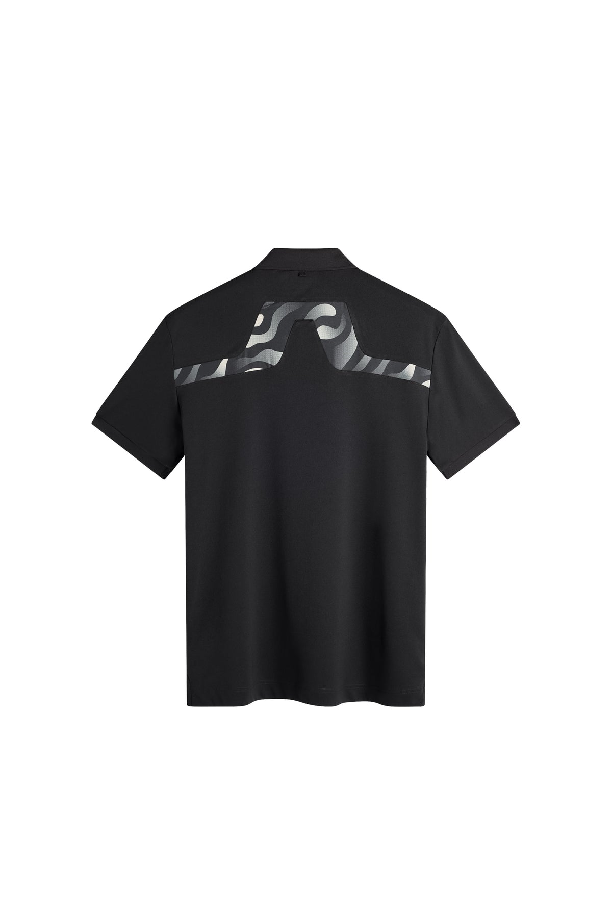 J.Lindeberg KV Print Polo Zwart – achteraanzicht met seizoensgebonden Bridge logo print inzetstuk