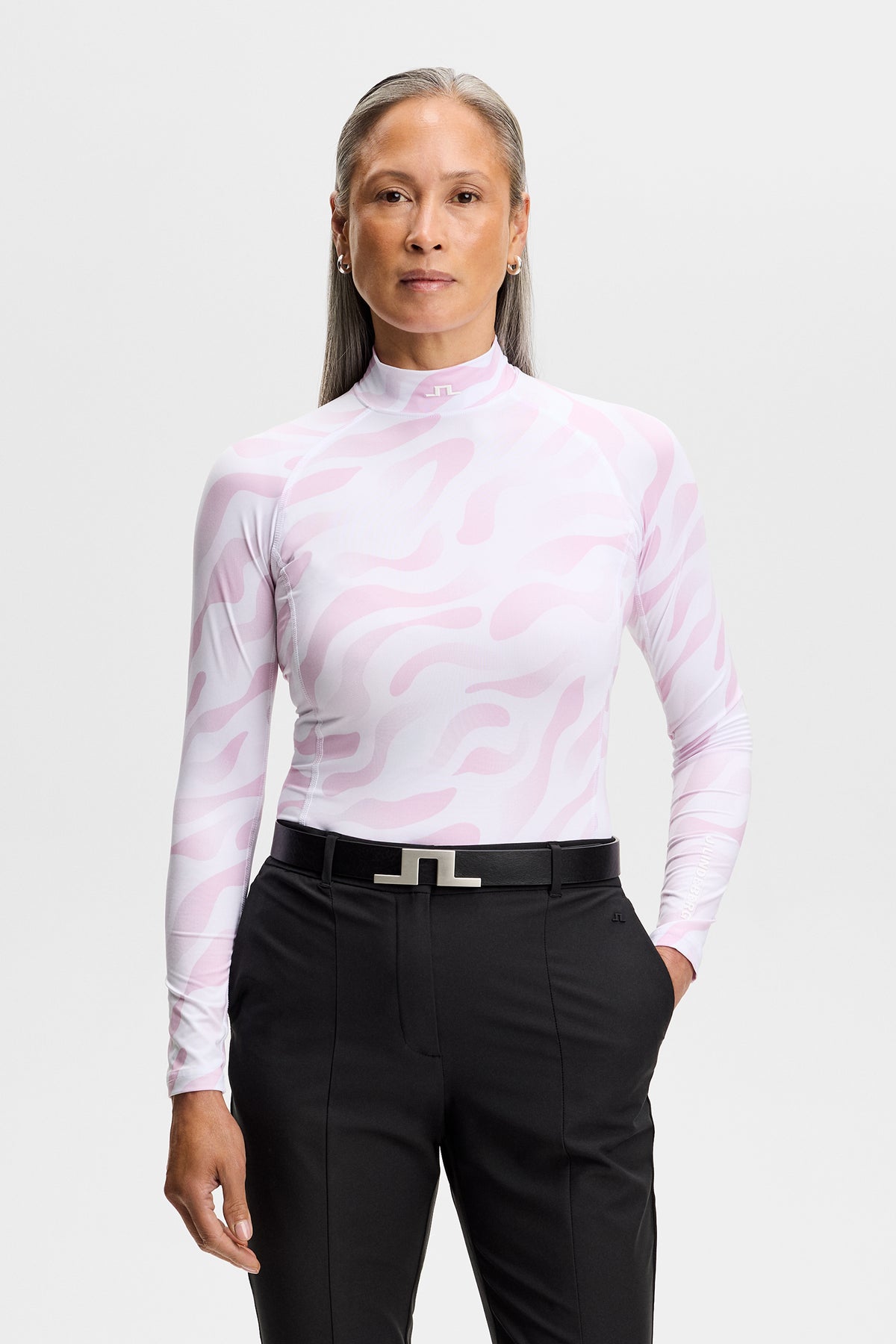 J.Lindeberg Ella Print Compression Top Bunker Fade White Orchid – vooraanzicht op model