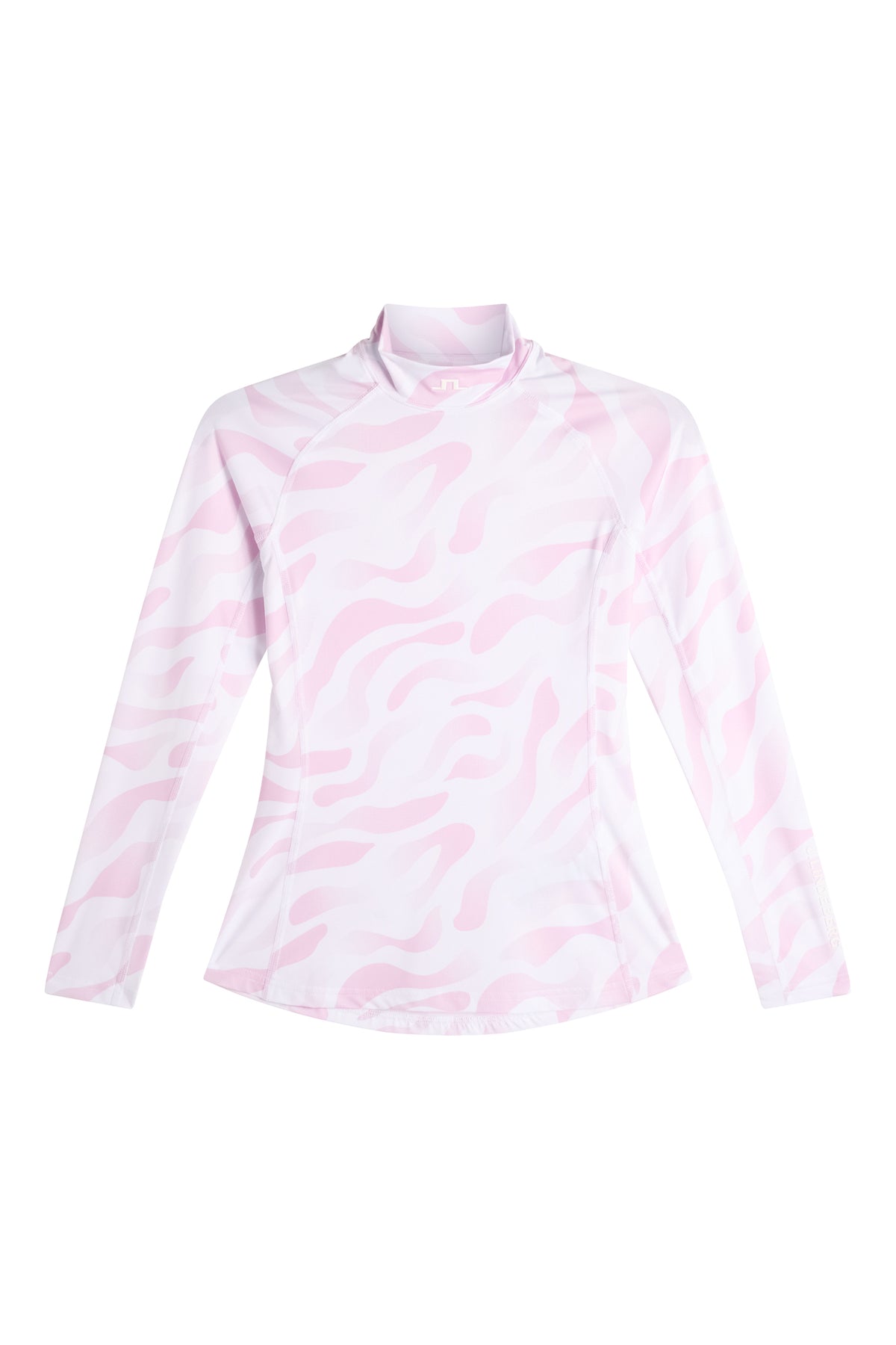 J.Lindeberg Ella Print Compression Top – lifestyle detail toont print en hoge kraag